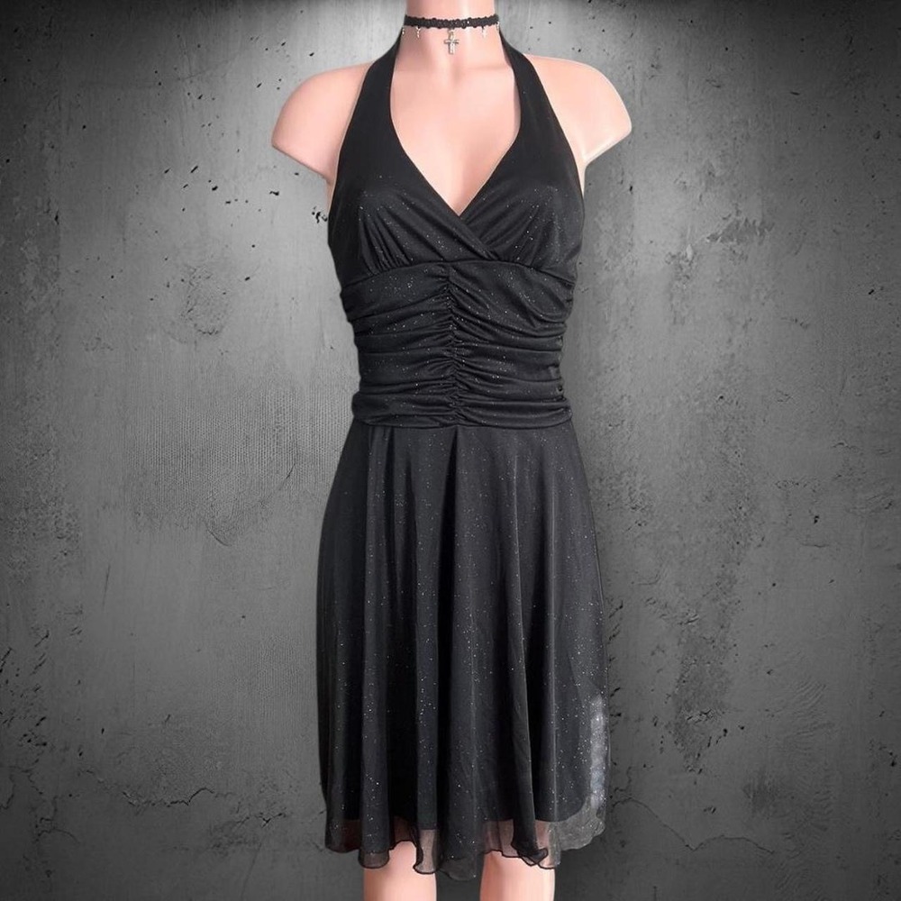 Vtg Y2K Speechless Glitter Ruched Halter Dress Small Black Whimsigoth Fairy Glam